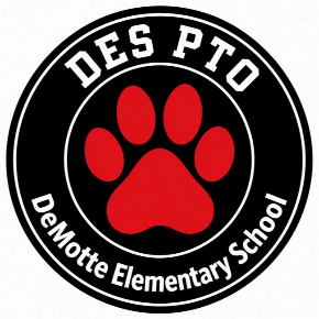DES PTO DeMotte Elementary School with red Paw Print